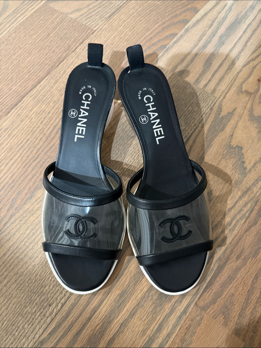 CHANEL Black Clear PVC Slide Sandals with CC Logo